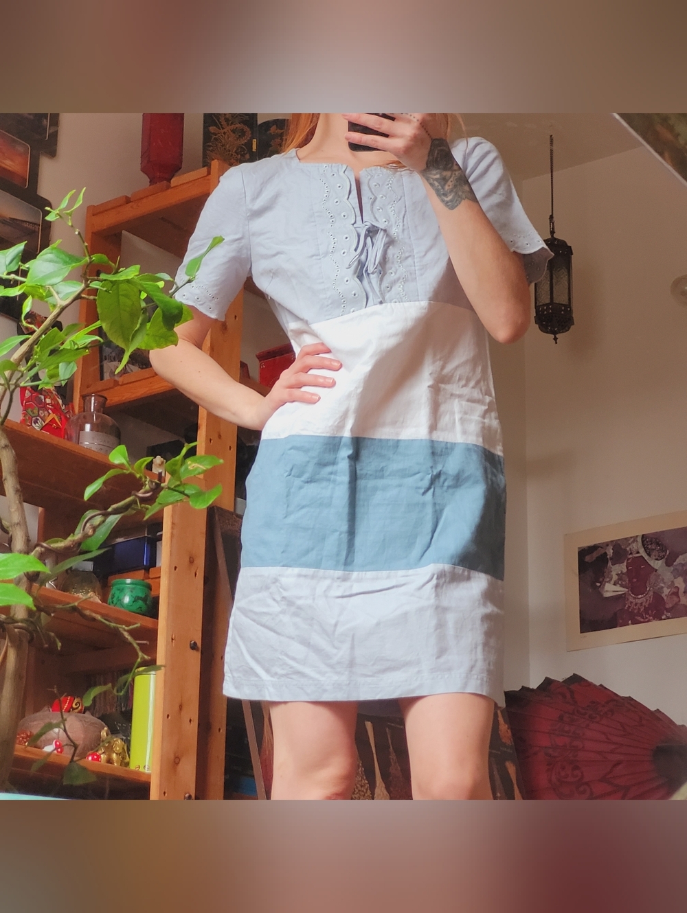 See By Chloe Light Blue White Colorblock Cottagecore Linen Blend Midi Dress - 6
